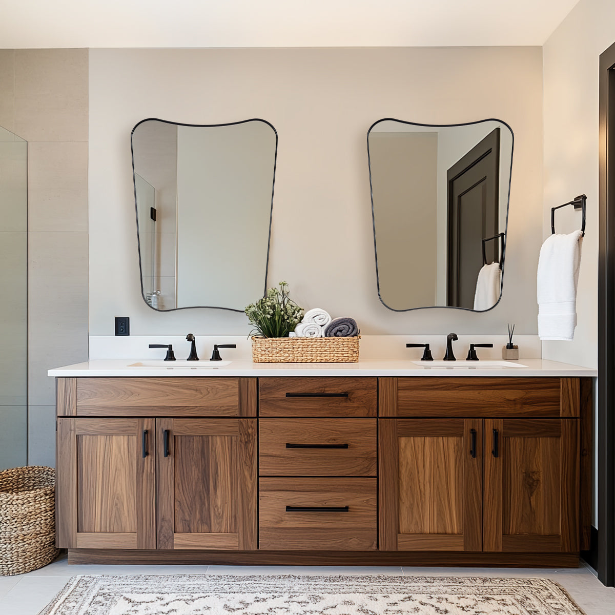 Modern Concave Top Rectangle Irregular Scalloped Bathroom Wall Mirror |Stainless Steel Frame