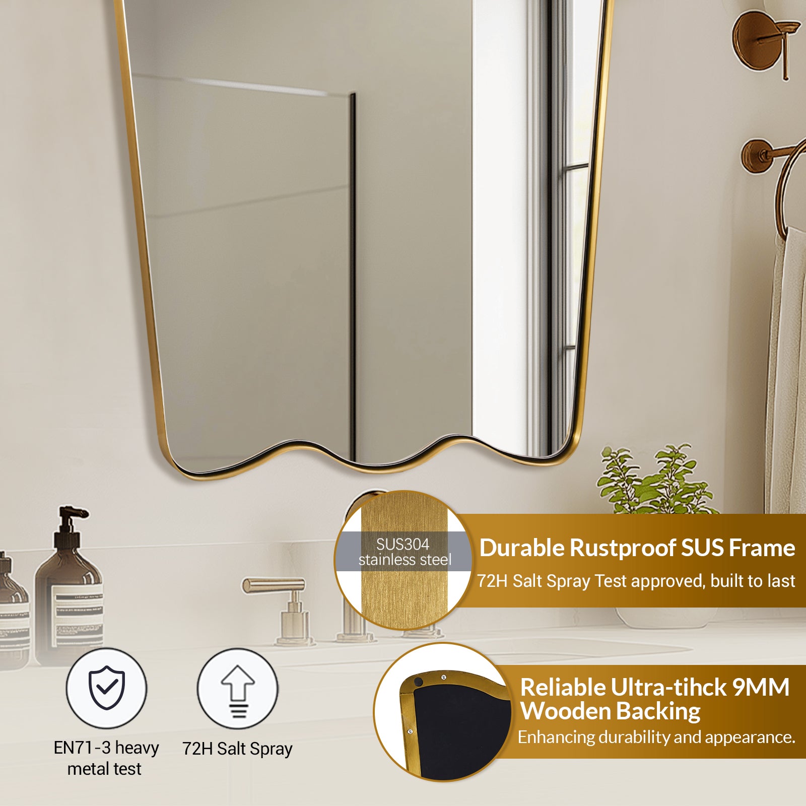 Contemporary Tapered Wavy Scalloped Bathroom Vanity Mirror | Stainless Steel Framed