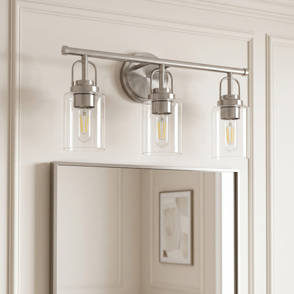 Transitional Cylindrical Clear Glass Shade Bathroom Vanity Light