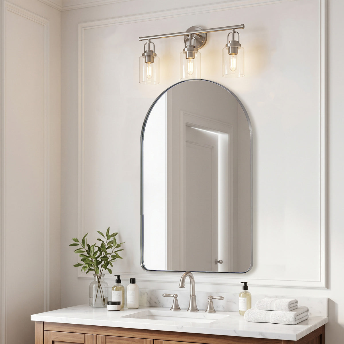 Transitional Cylindrical Clear Glass Shade Bathroom Vanity Light