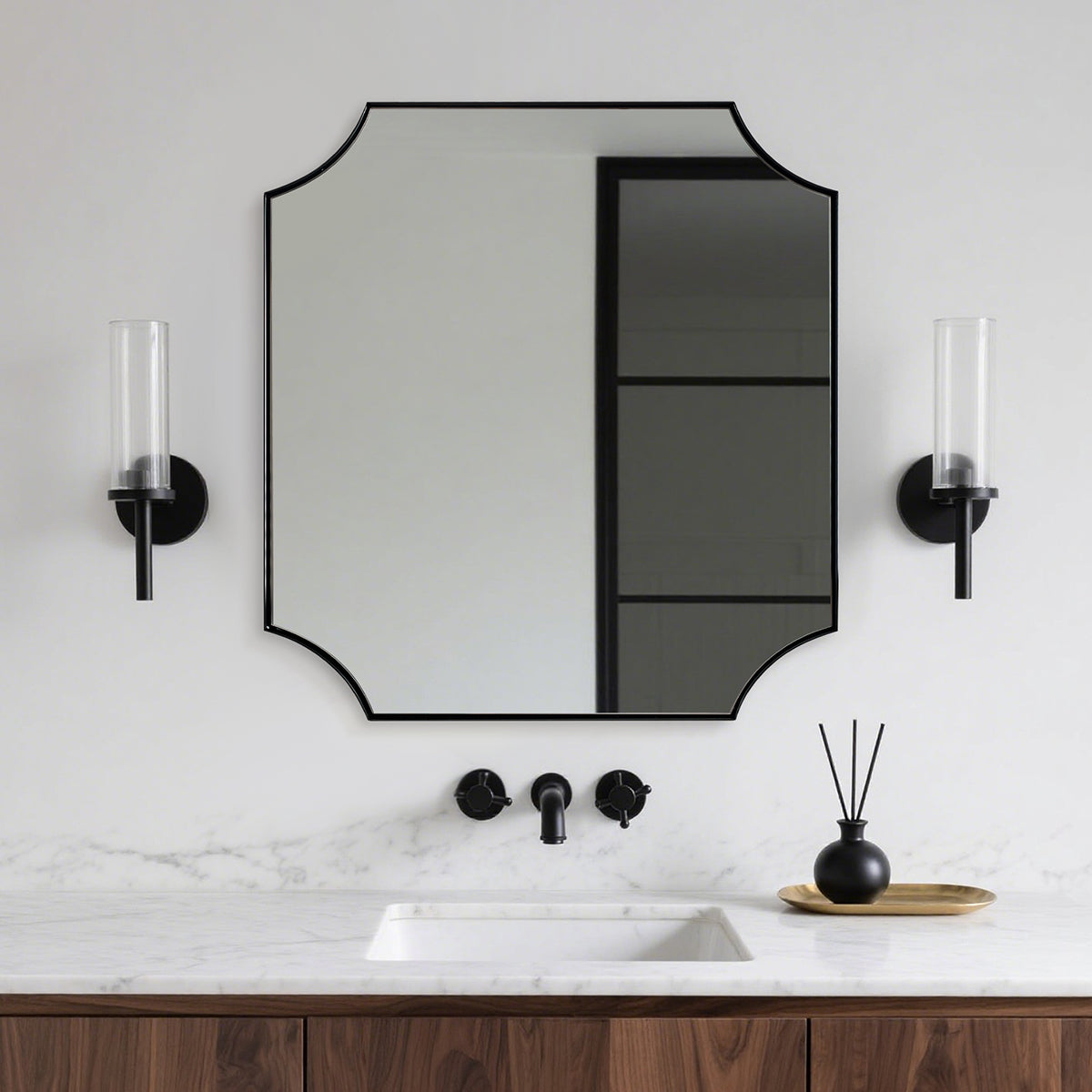 Contemporary Notched Corner Scalloped Rectangle Bathroom Vanity Mirror | Stainless Steel Frame