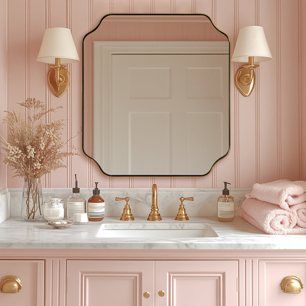 Contemporary Notched Corner Rectangle Scalloped Mirror for Wall /Bathroom | Stainless Steel Frame