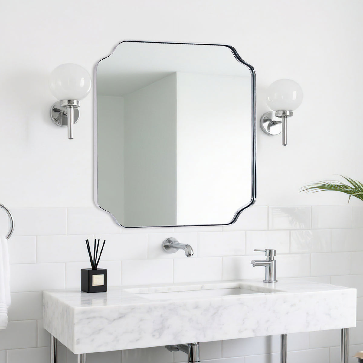 Modern Cut Corner Rectangle Scalloped Mirror for Wall /Bathroom | Stainless Steel Frame