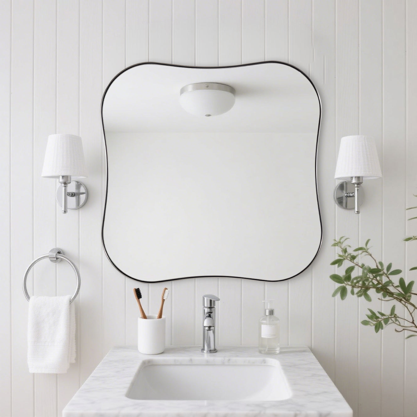 Contemporary Square Scalloped Bathroom Mirrors | 30Inch,Stainless Steel Framed