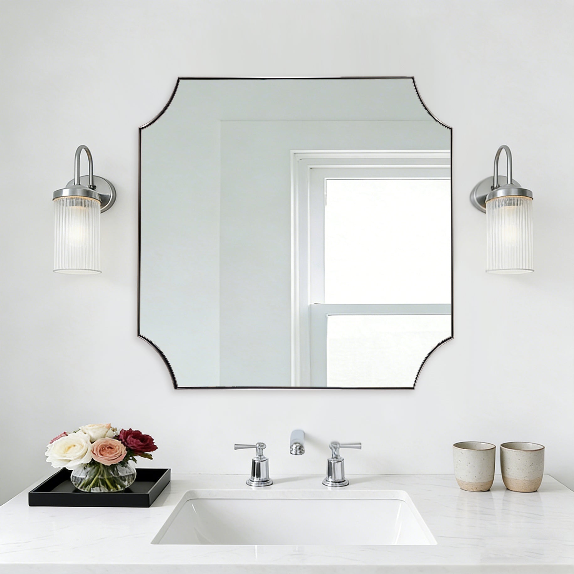 Contemporary Notched Corner Scalloped Rectangle Bathroom Vanity Mirror | Stainless Steel Frame