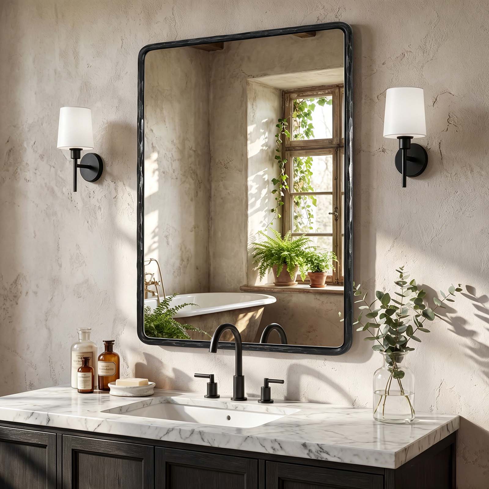 Antique Hand Hammer Frame Forged Iron Rectangle Wall Mirrors Wrought Iron Mirror