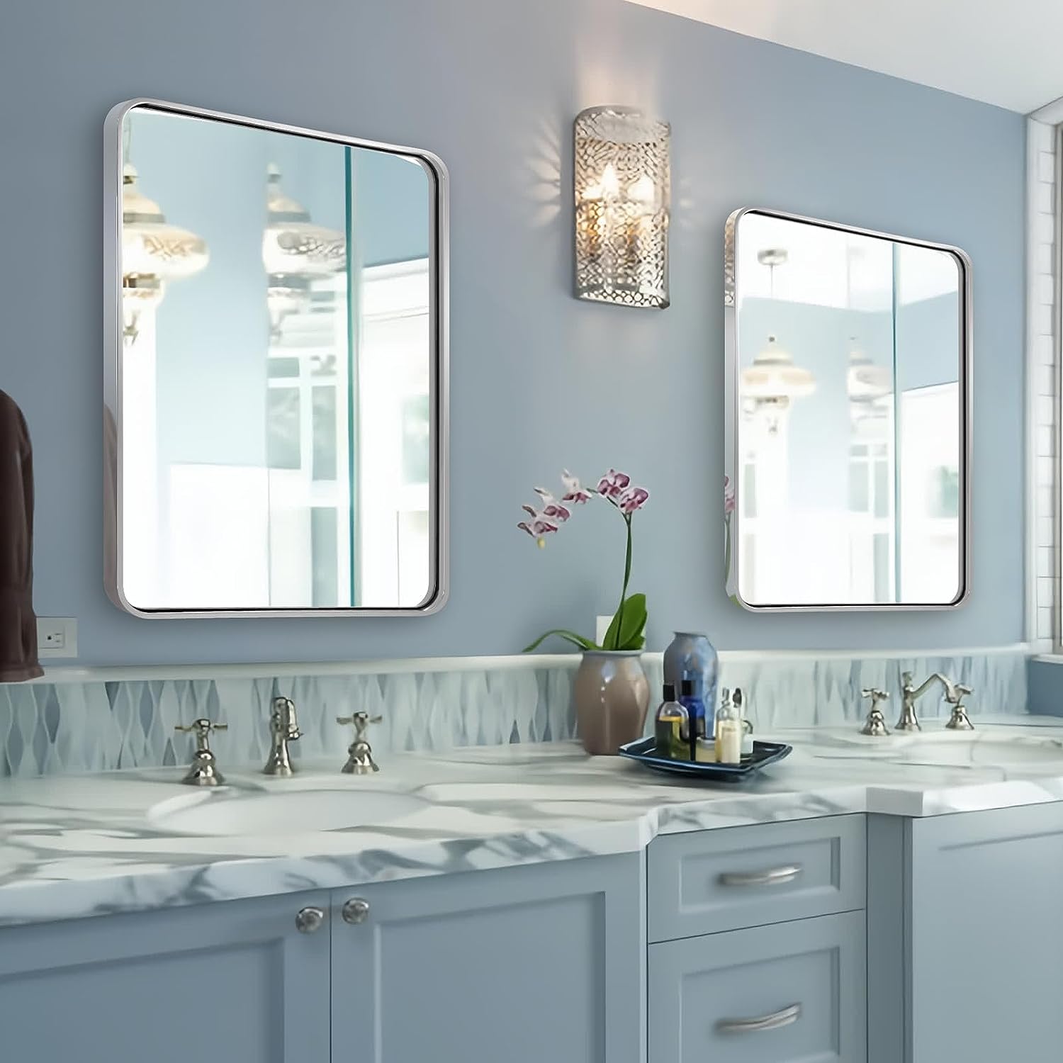 Modern Bold Framed Rectangle Wall Mirrors for Bathroom Wall| Stainless Steel Framed