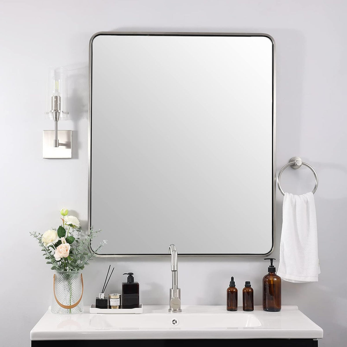 Modern Bold Framed Rectangle Wall Mirrors for Bathroom Wall| Stainless Steel Framed