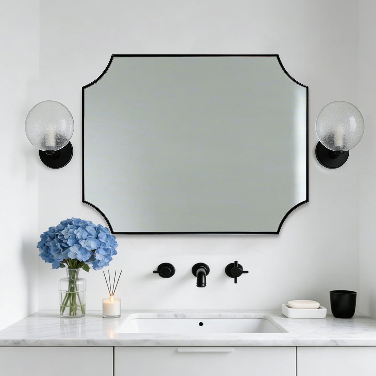 Modern Cut Corner Scalloped Rectangle Bathroom Vanity Mirror | Stainless Steel Frame
