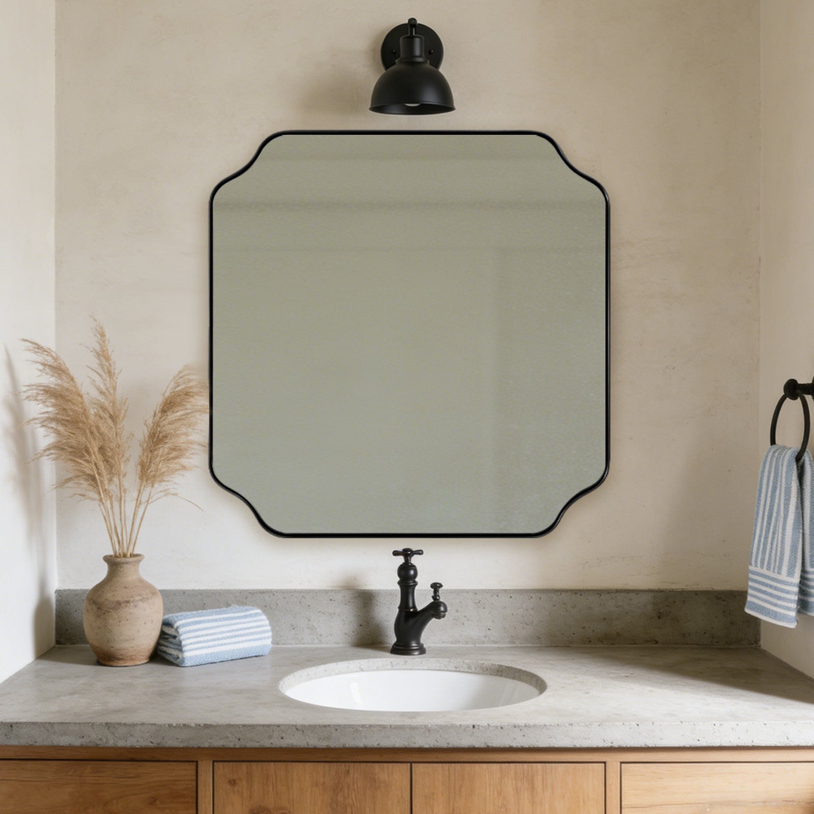 Contemporary Notched Corner Rectangle Scalloped Mirror for Wall /Bathroom | Stainless Steel Frame