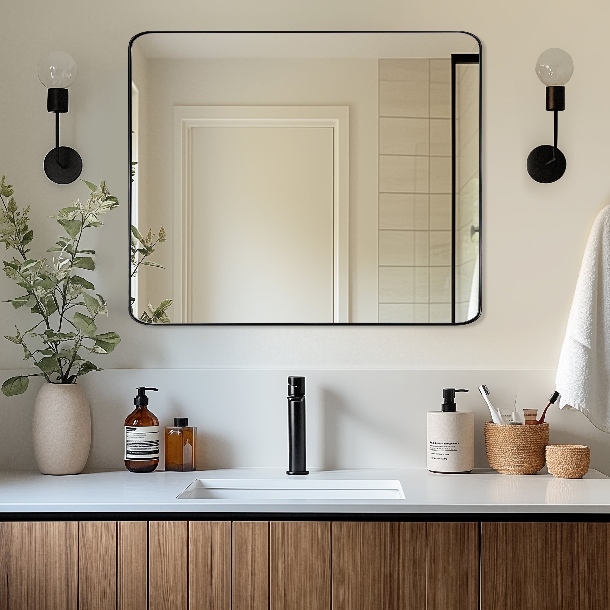 Open Box Like New : Modern Rounded Rectangle Mirror for Bathroom/ Vanity/ Wall | Stainless Steel Frame