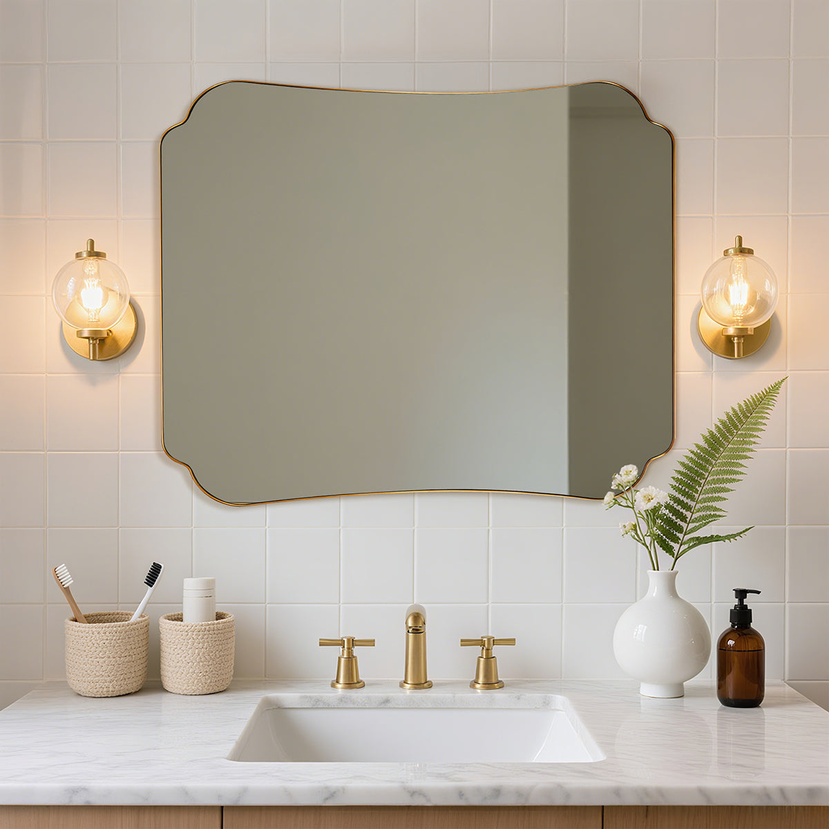 Contemporary Concave Edge Scalloped Bathroom Mirror Decorative | Stainless Steel Frame