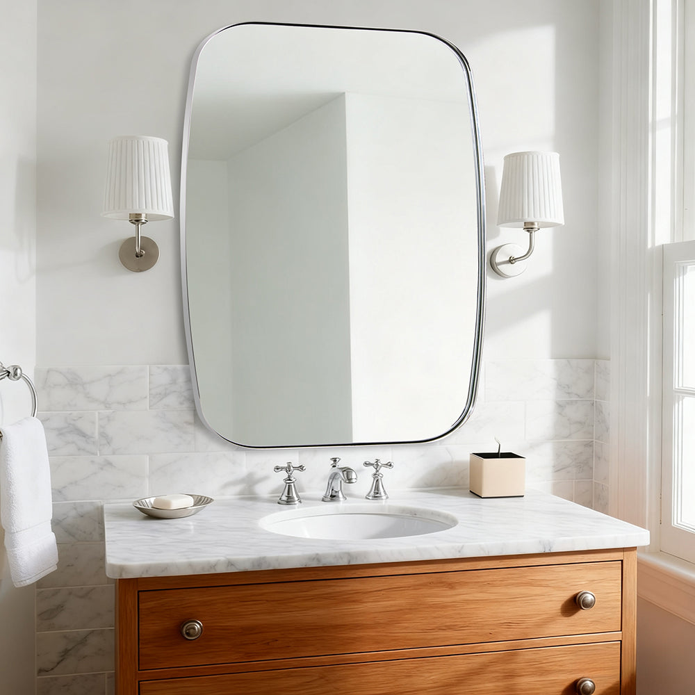 Modern Oval Oblong Bathroom Vanity Mirror | Stainless Steel Frame