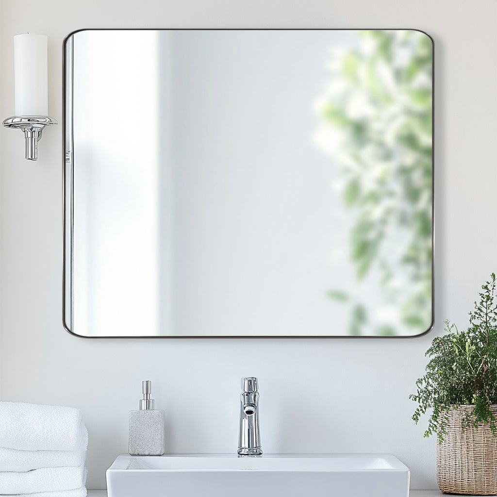 Open Box Like New : Modern Rounded Rectangle Mirror for Bathroom/ Vanity/ Wall | Stainless Steel Frame