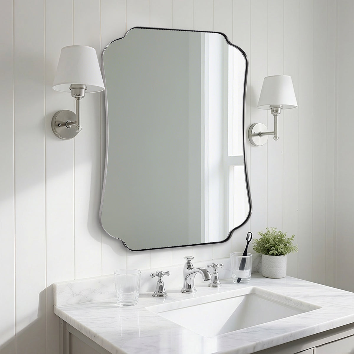 Contemporary Concave Edge Scalloped Bathroom Mirror Decorative | Stainless Steel Frame