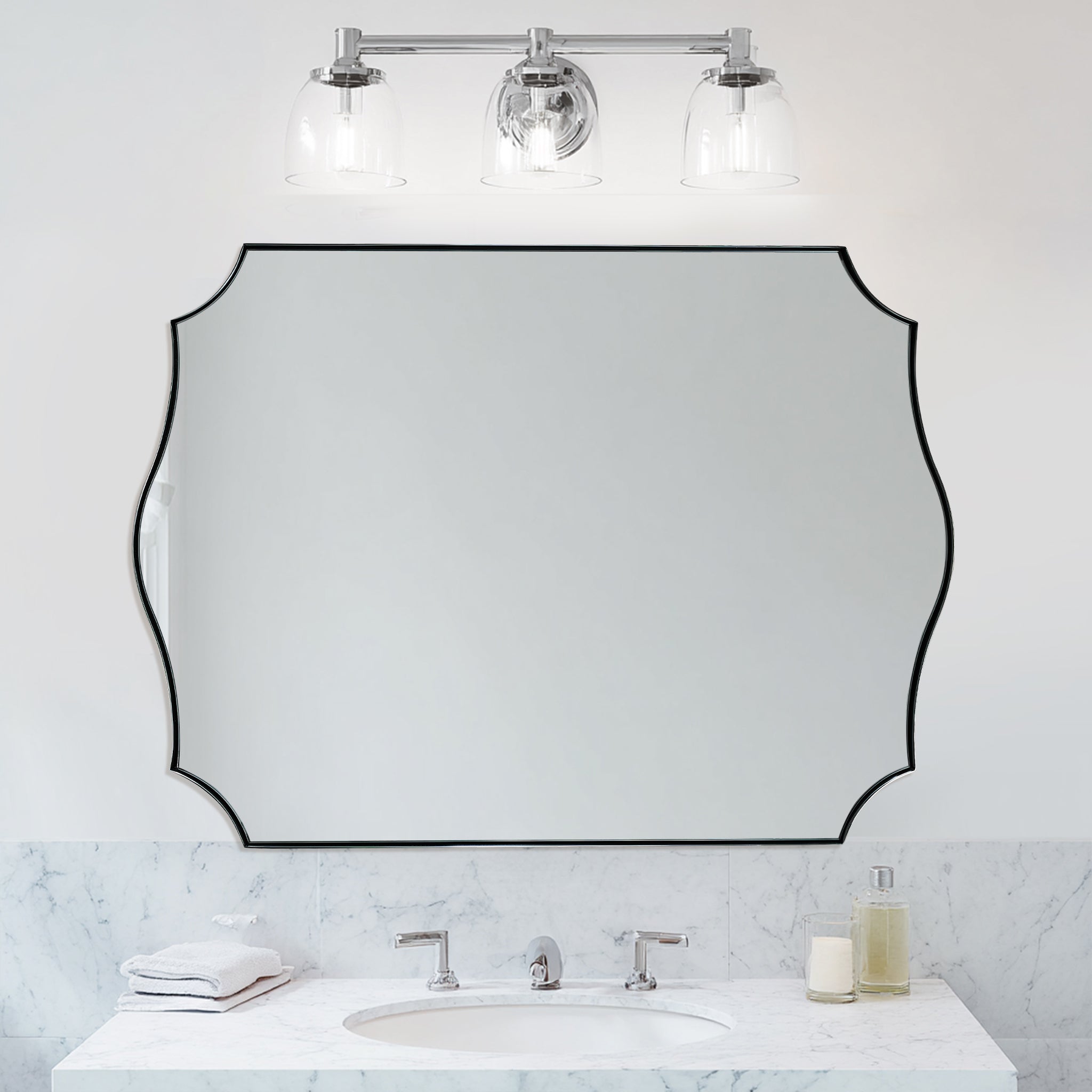 Traditional Rectangle Scalloped Wall Mirror for Bathroom | Stainless Steel Frame