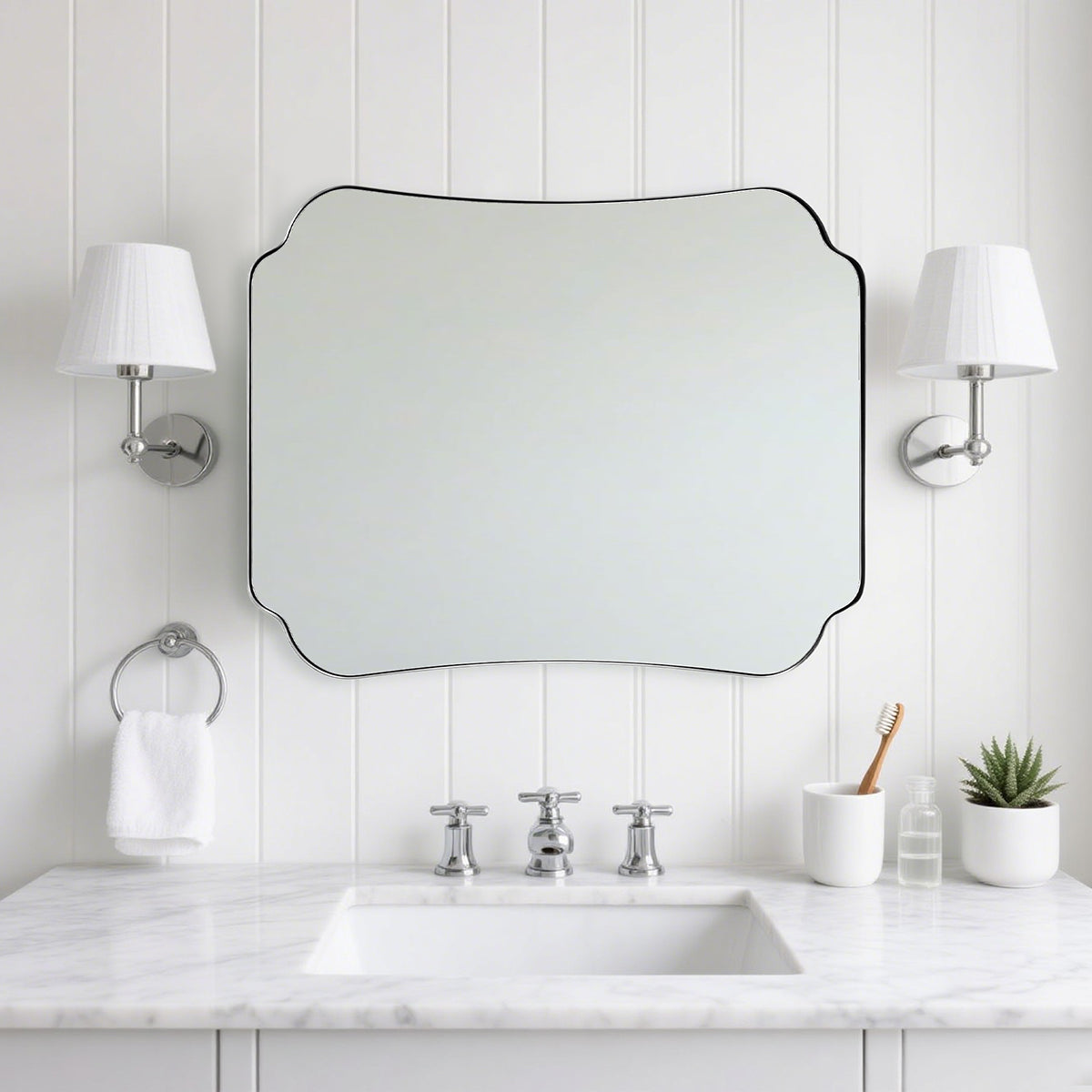 Contemporary Concave Edge Scalloped Bathroom Mirror Decorative | Stainless Steel Frame