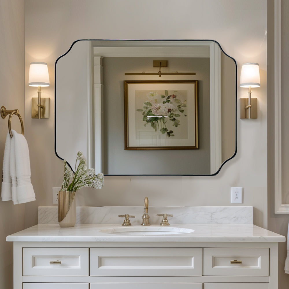 Contemporary Notched Corner Rectangle Scalloped Mirror for Wall /Bathroom | Stainless Steel Frame