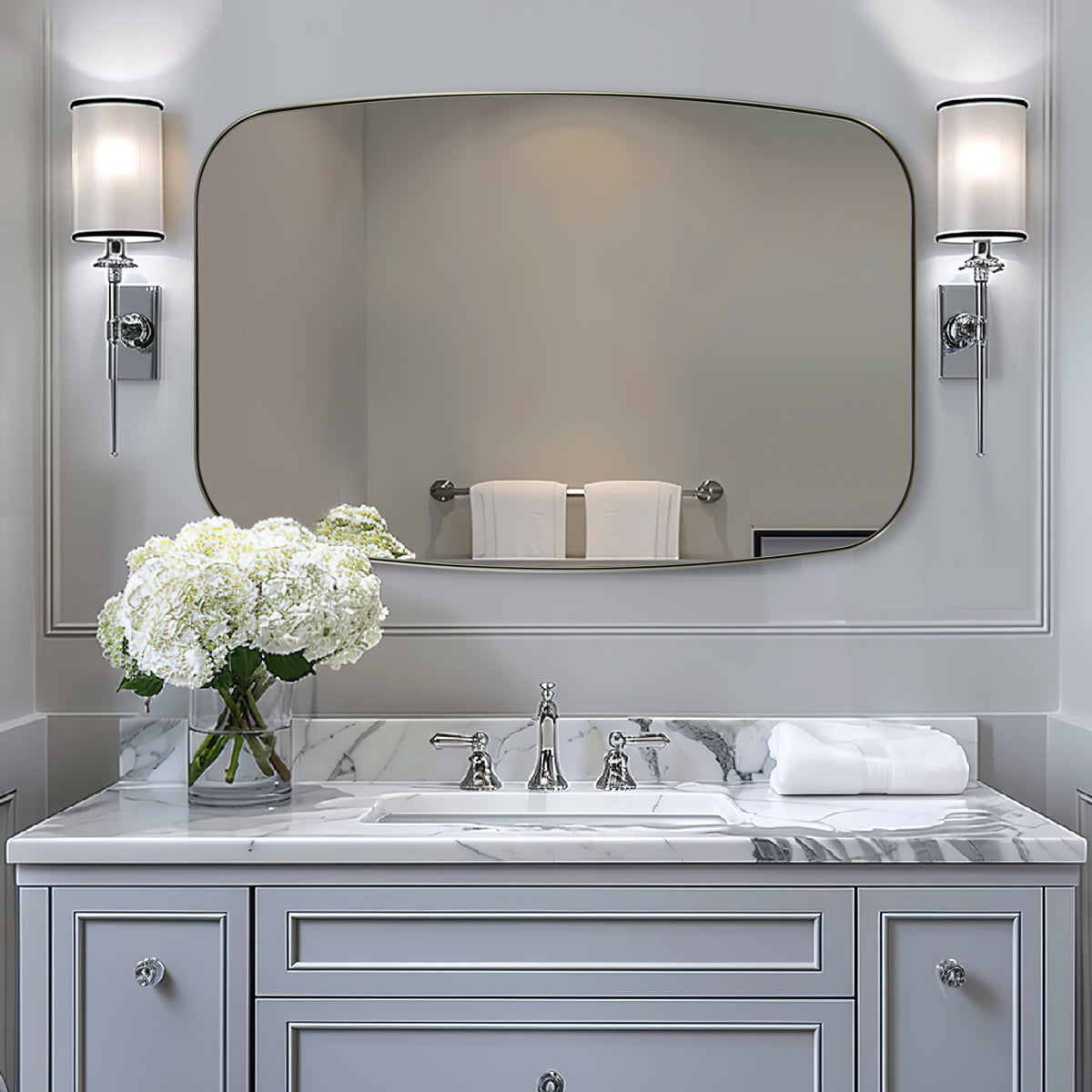 Modern Oblong Bathroom Mirror Long Oval Mirror | Stainless Steel Frame