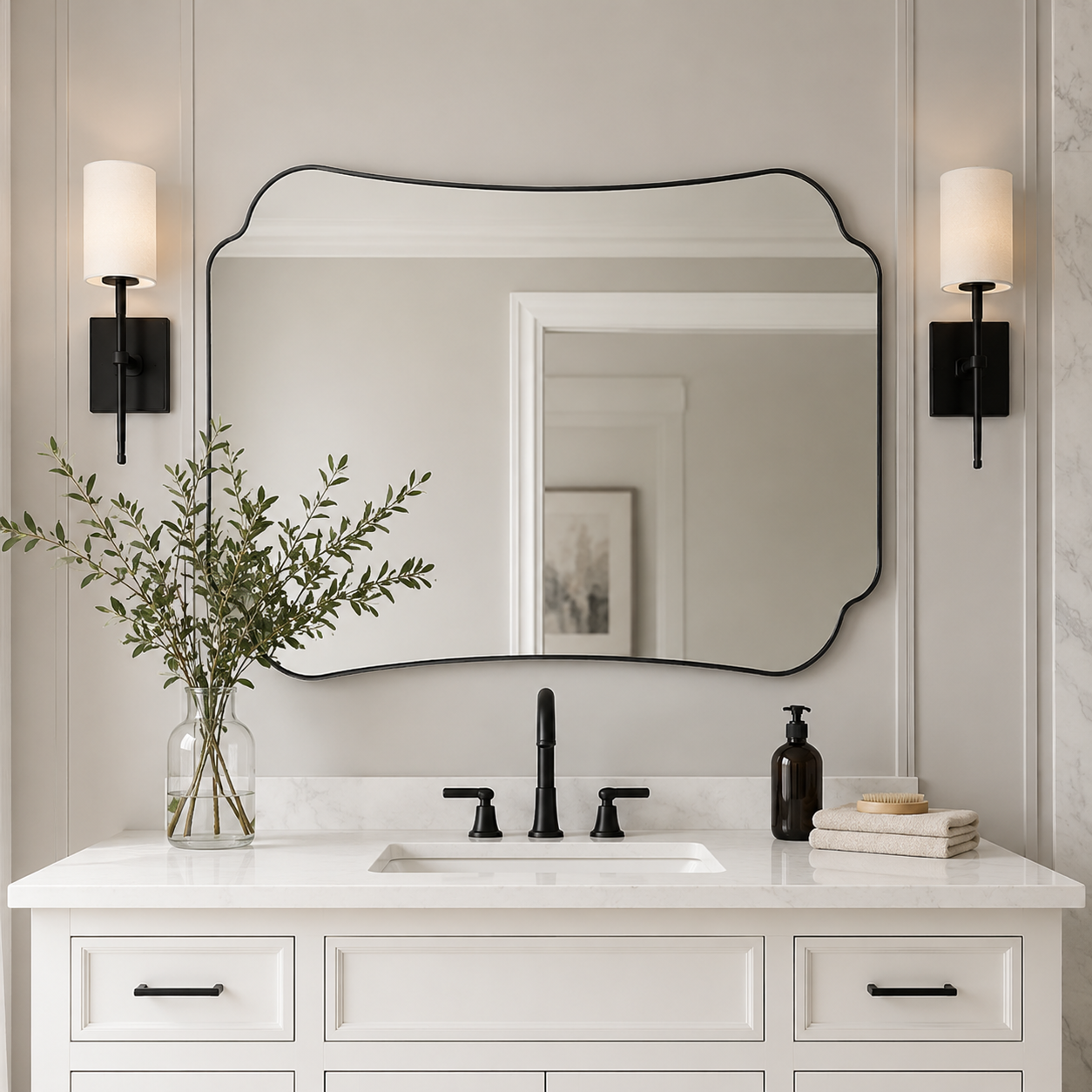 Contemporary Cut Corner Concave Edge Scalloped Bathroom Mirror | Stainless Steel Frame