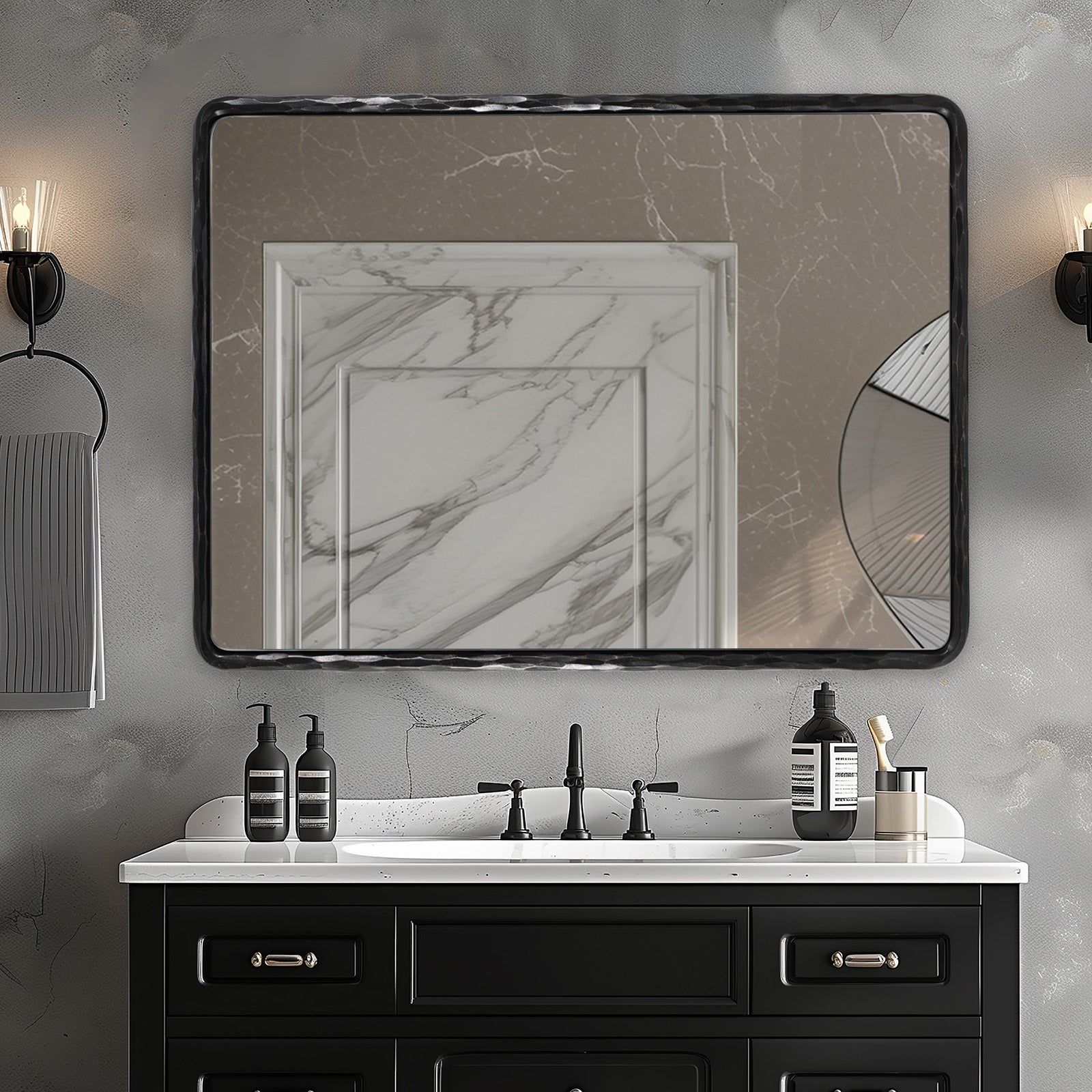 Antique Hand Hammer Frame Forged Iron Rectangle Wall Mirrors Wrought Iron Mirror