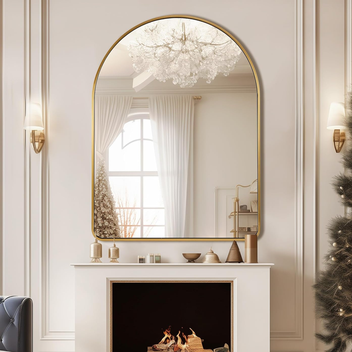 Contemporary Bold Stainless Steel Framed Arched Wall Mirrors for Bathroom, Living Room, Entry