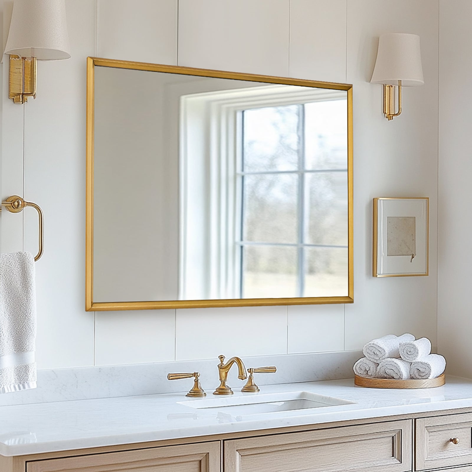 Open Box Like New:Beveled Framed Rectangle Bathroom Vanity Mirror |Stainless Steel Frame