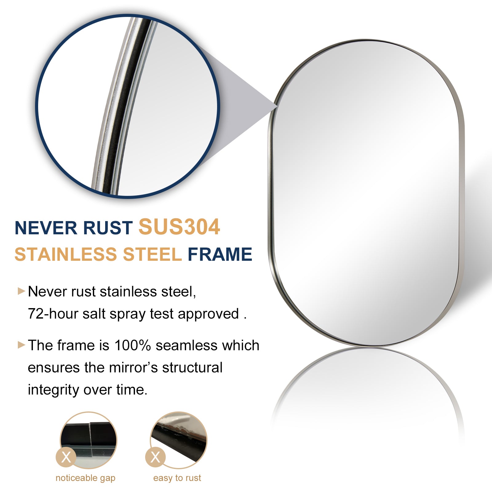 Modern Pill Shaped Capsule Wall Mirrors Long Oval Bathroom Vanity Mirror | Stainless Steel Frame