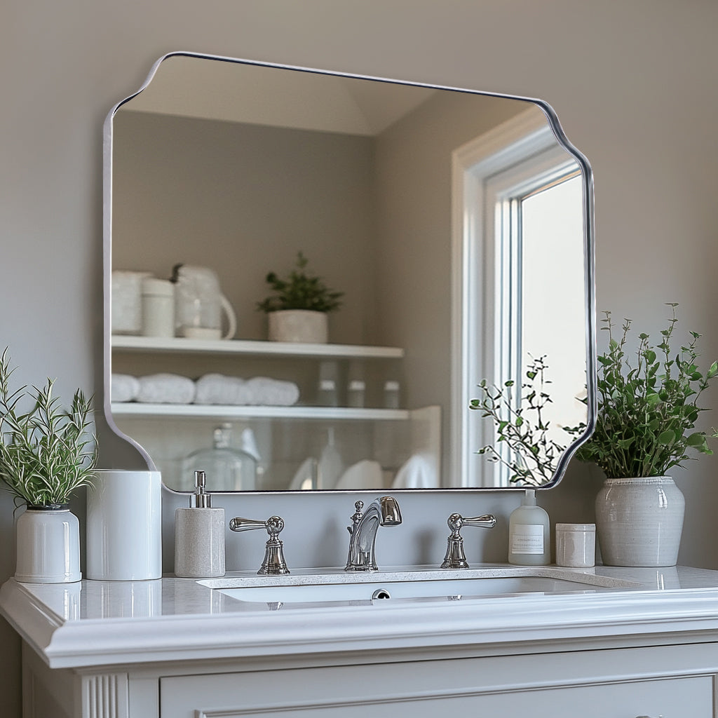 Contemporary Notched Corner Rectangle Scalloped Mirror for Wall /Bathroom | Stainless Steel Frame