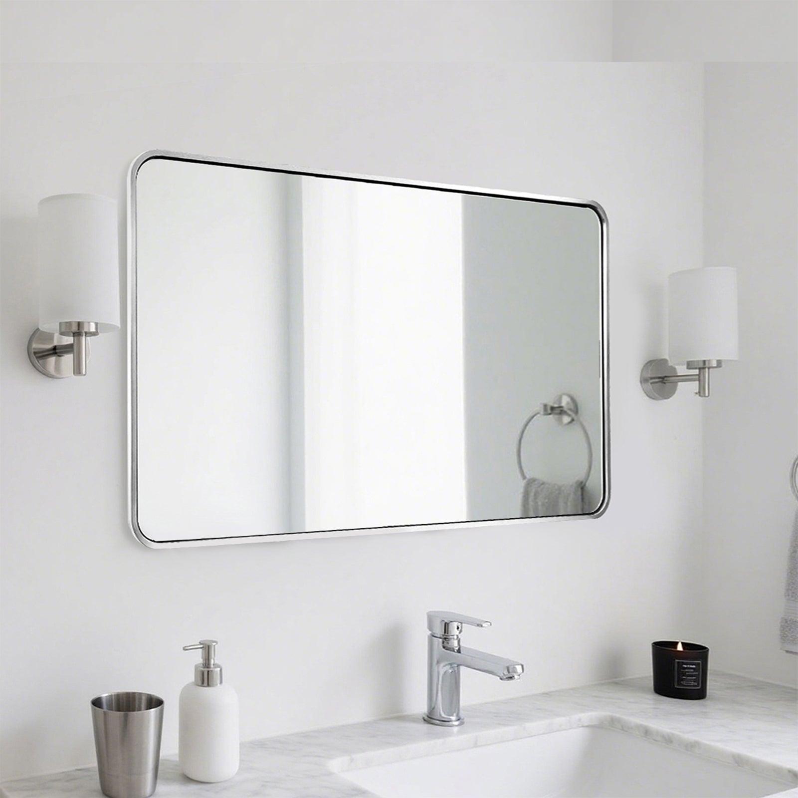 Modern Bold Stainless Steel Framed Rounded Rectangular Bathroom Wall Mirror