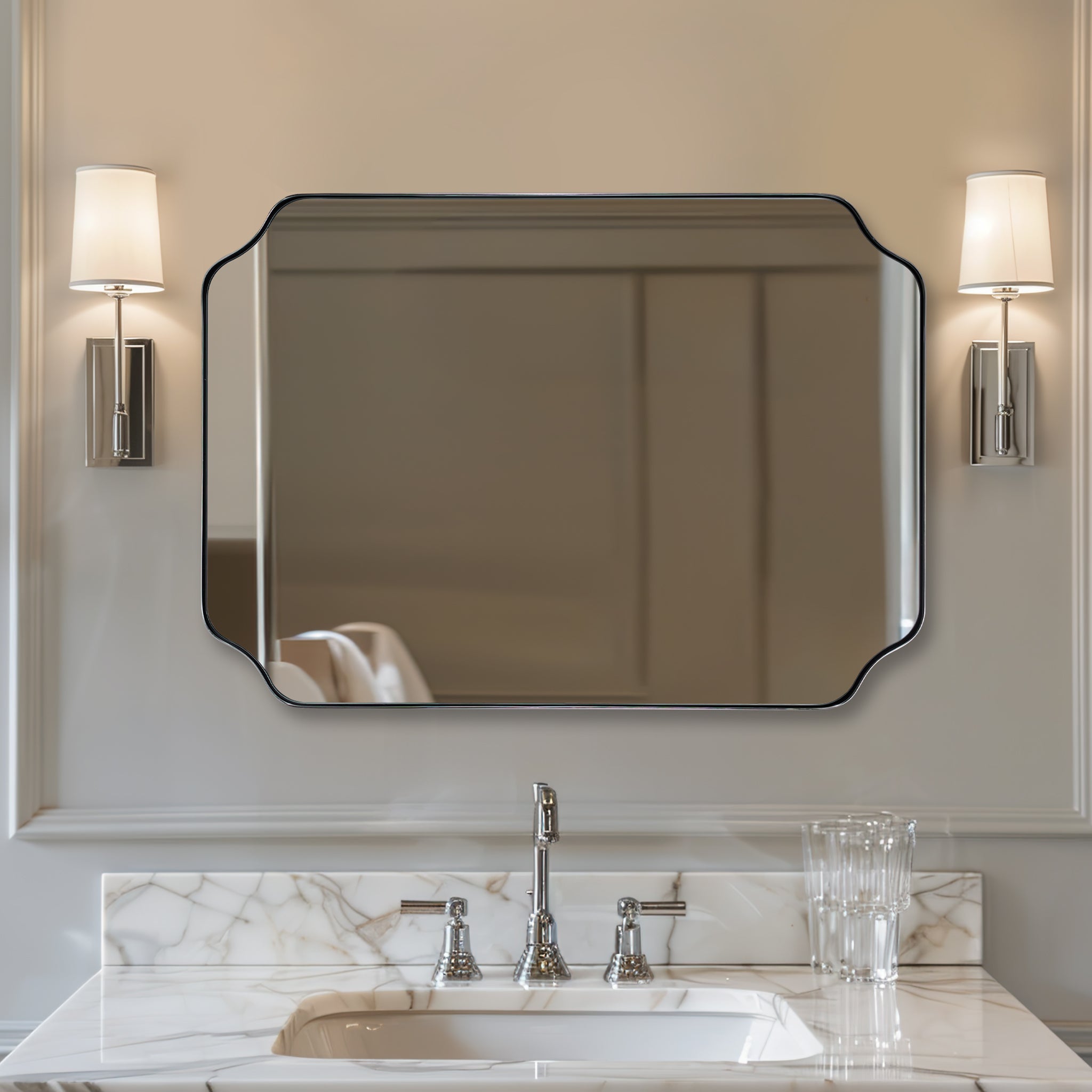 Contemporary Notched Corner Rectangle Scalloped Mirror for Wall /Bathroom | Stainless Steel Frame