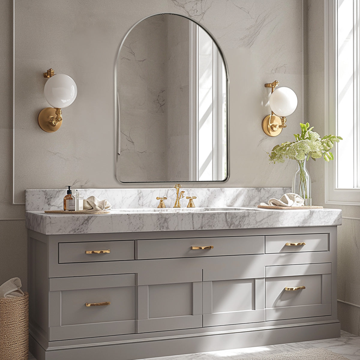 Contemporary Bold Stainless Steel Framed Arched Wall Mirrors for Bathroom, Living Room, Entry