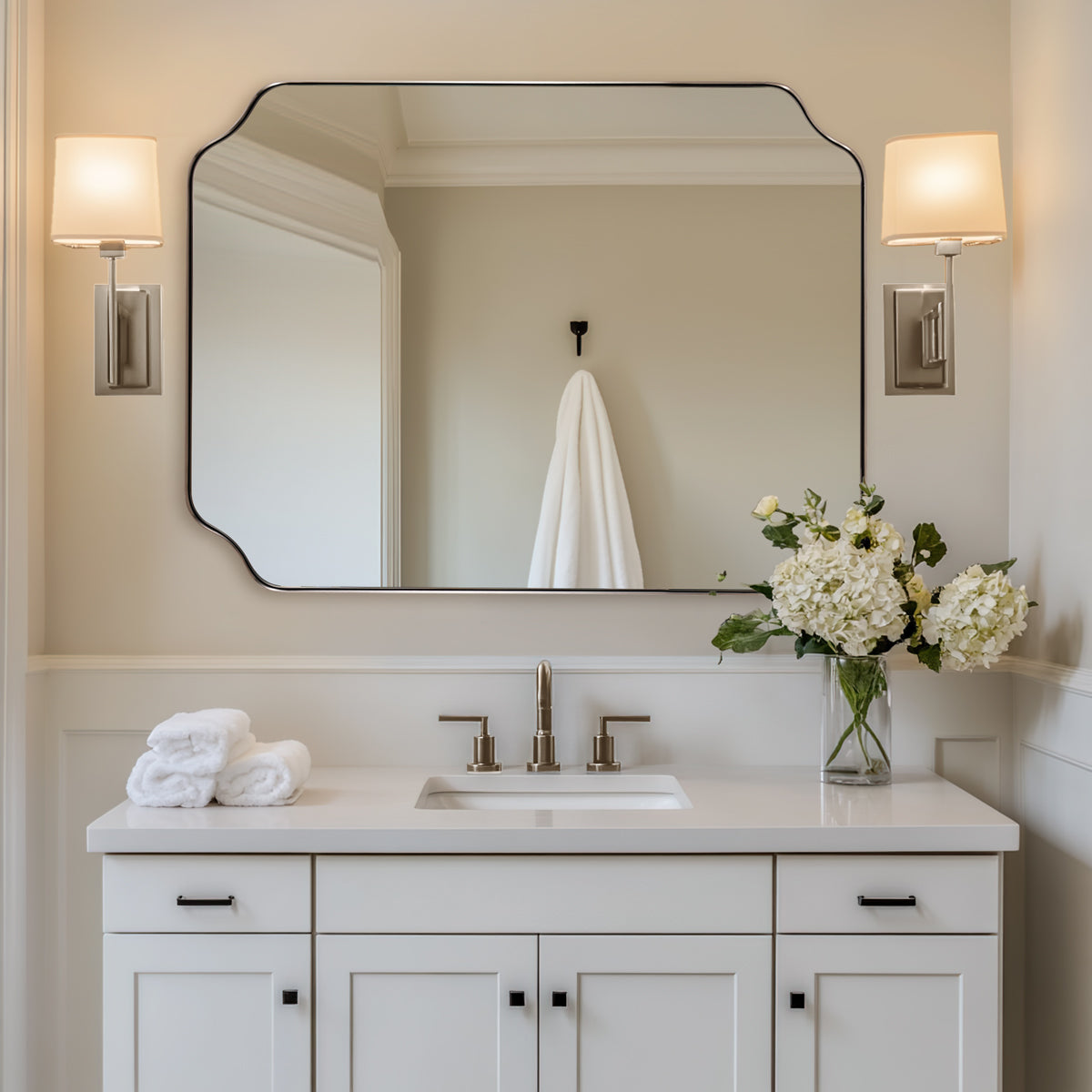 Contemporary Rounded Notched Corner Irregular Scalloped Mirror for Wall /Bathroom | Stainless Steel Frame