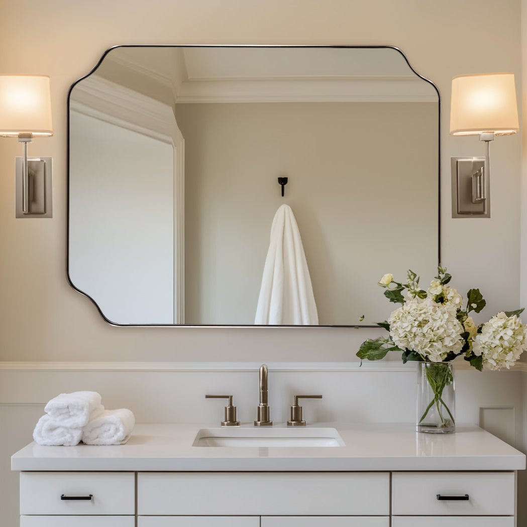 Contemporary Notched Corner Rectangle Scalloped Mirror for Wall /Bathroom | Stainless Steel Frame