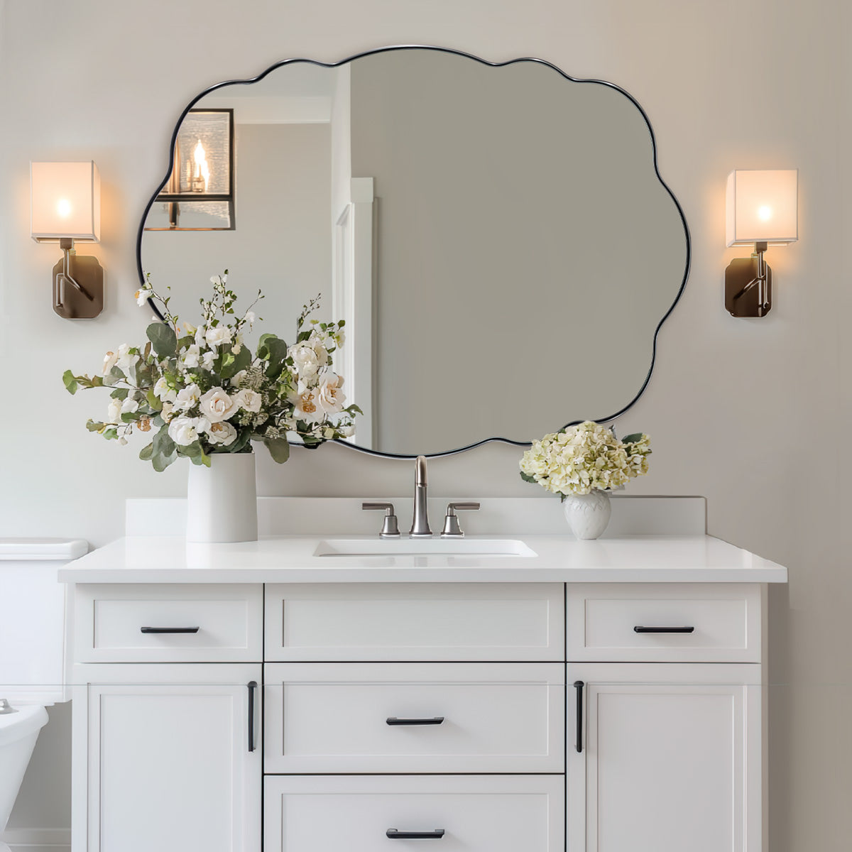 Contemporary Wavy Oval Scalloped Bathroom Vanity Mirror Irregular Decorative Mirror| Stainless Steel Framed
