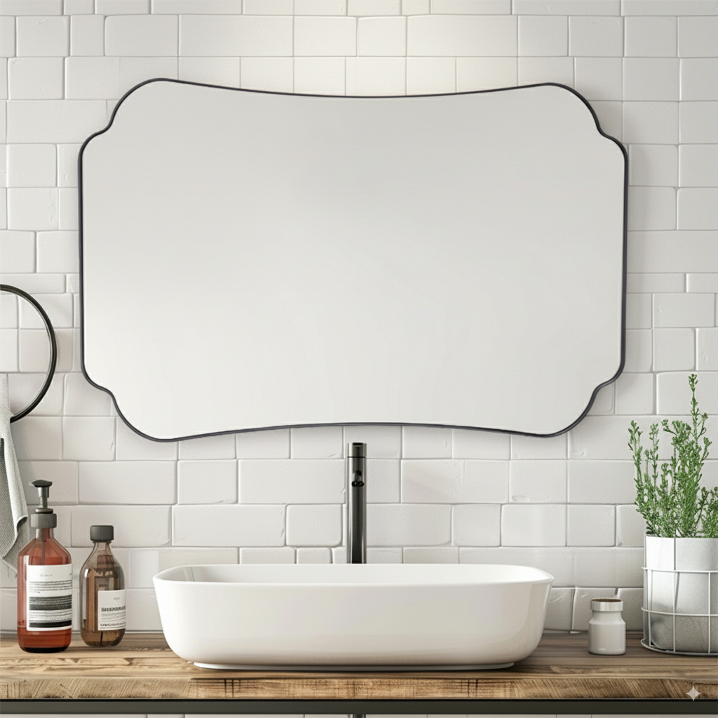 Contemporary Concave Edge Scalloped Bathroom Mirror Decorative | Stainless Steel Frame