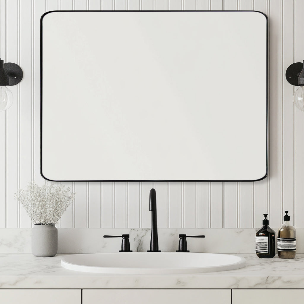 Open Box Like New : Modern Rounded Rectangle Mirror for Bathroom/ Vanity/ Wall | Stainless Steel Frame