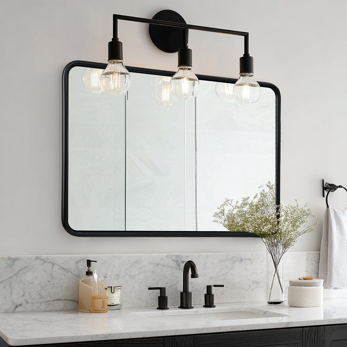 Contemporary Rectangle Bathroom Mirror |Rounded Stainless Steel Framed