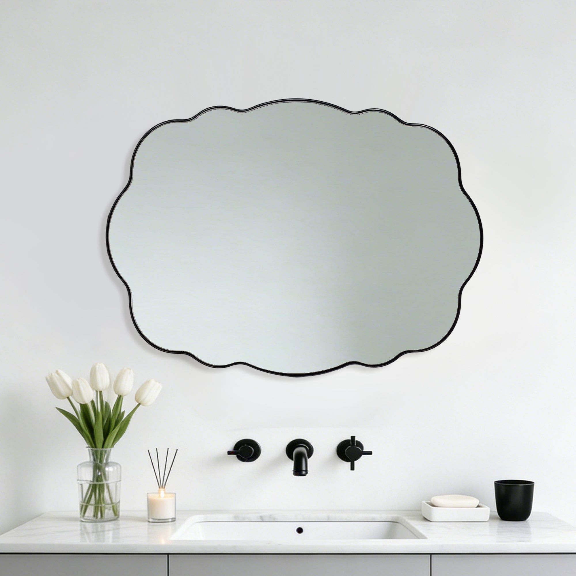Contemporary Wavy Oval Scalloped Bathroom Vanity Mirror Irregular Organic Mirror| Stainless Steel Framed