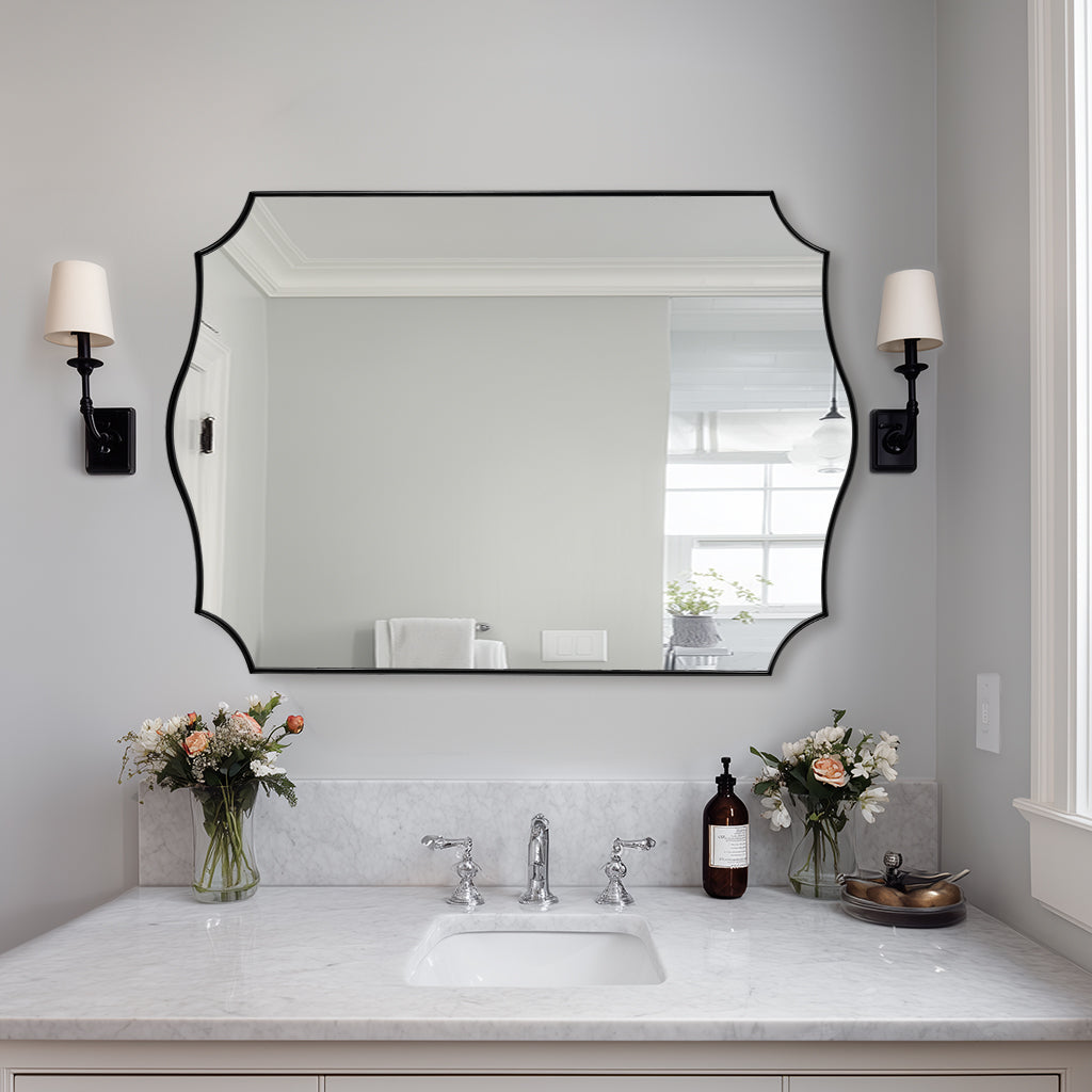 Traditional Rectangle Scalloped Wall Mirror for Bathroom | Stainless Steel Frame