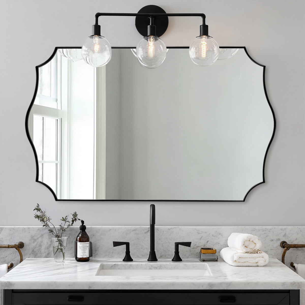 Traditional Rectangle Scalloped Wall Mirror for Bathroom | Stainless Steel Frame