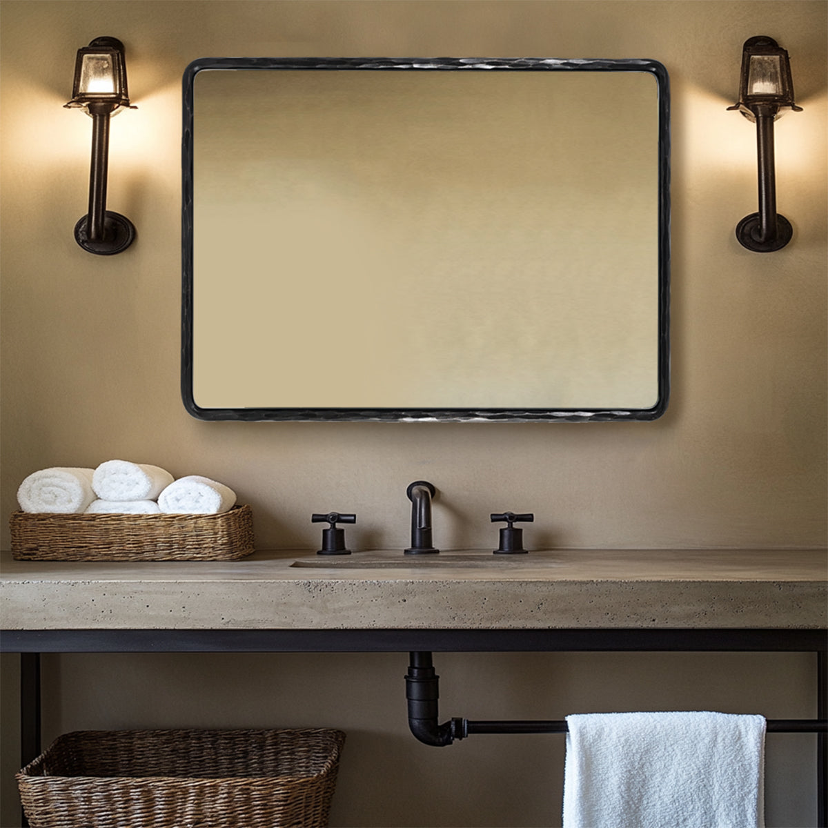 Vintage Hand Hammer Frame  Forged Iron Rectangle Wall Mirrors Wrought Iron Mirror