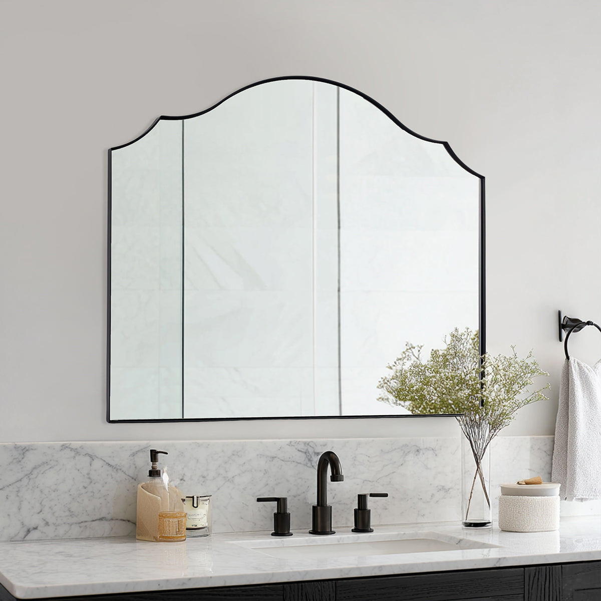 Contemporary Arched Curved Scalloped Mirror Bathroom Vanity Mirror | Stainless Steel Frame