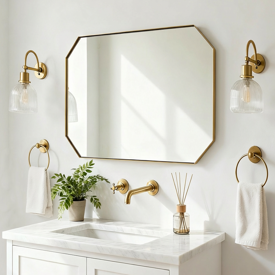 Contemporary Cut Corner Octagonal Scalloped Rectangle Mirror for Bathroom |Stainless Steel Frame