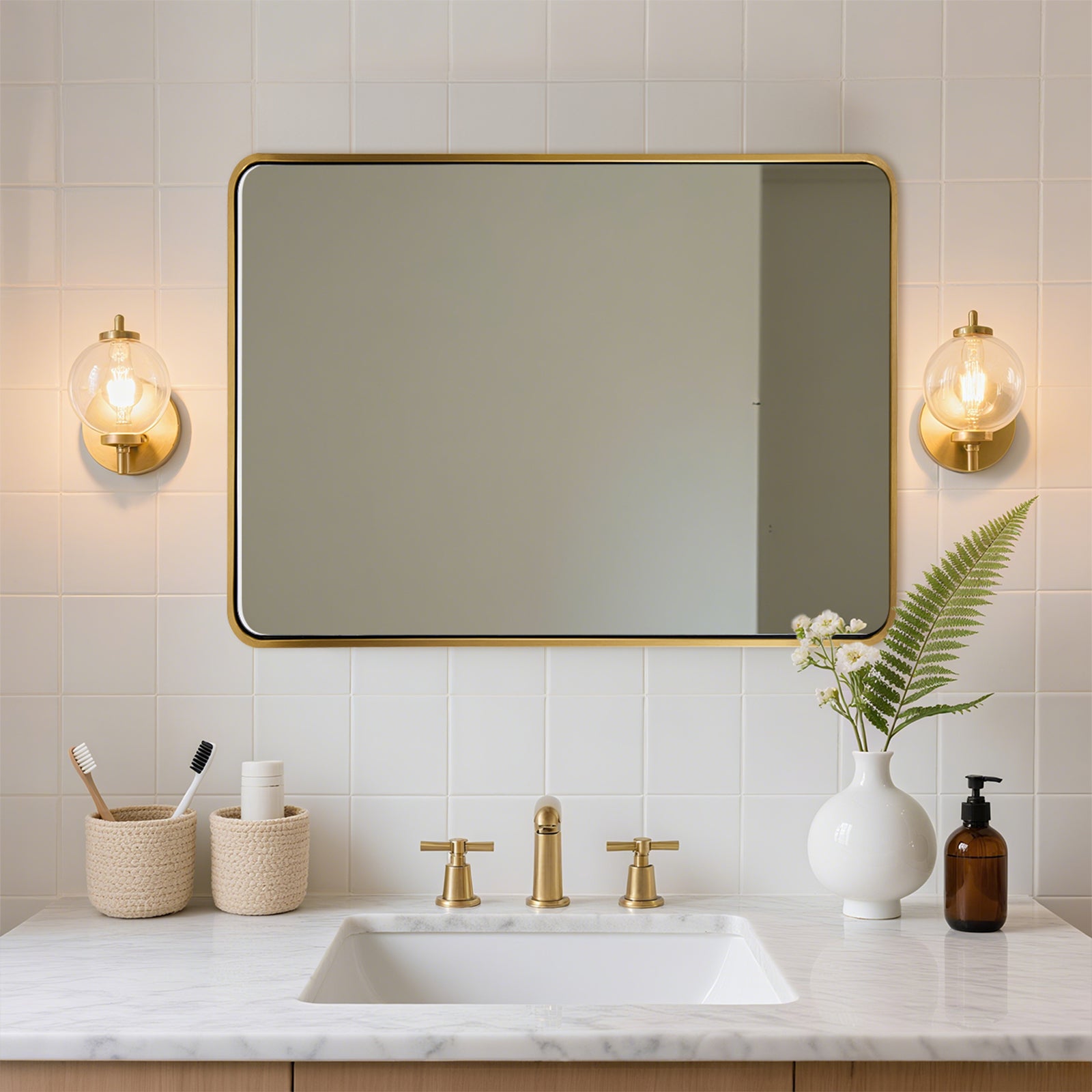 Modern Bold Stainless Steel Framed Rounded Rectangular Bathroom Wall Mirror