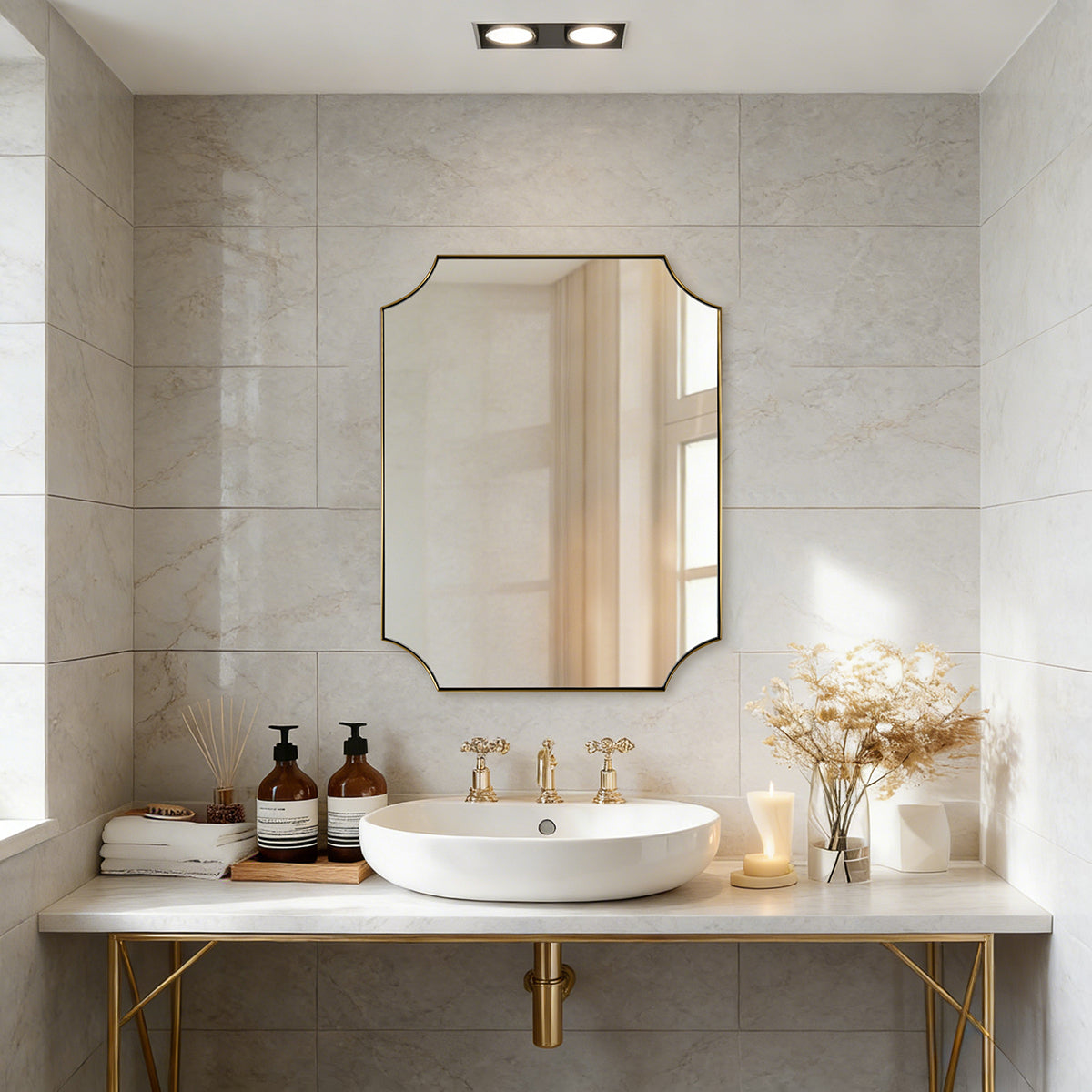 Contemporary Notched Corner Scalloped Rectangle Bathroom Vanity Mirror | Stainless Steel Frame