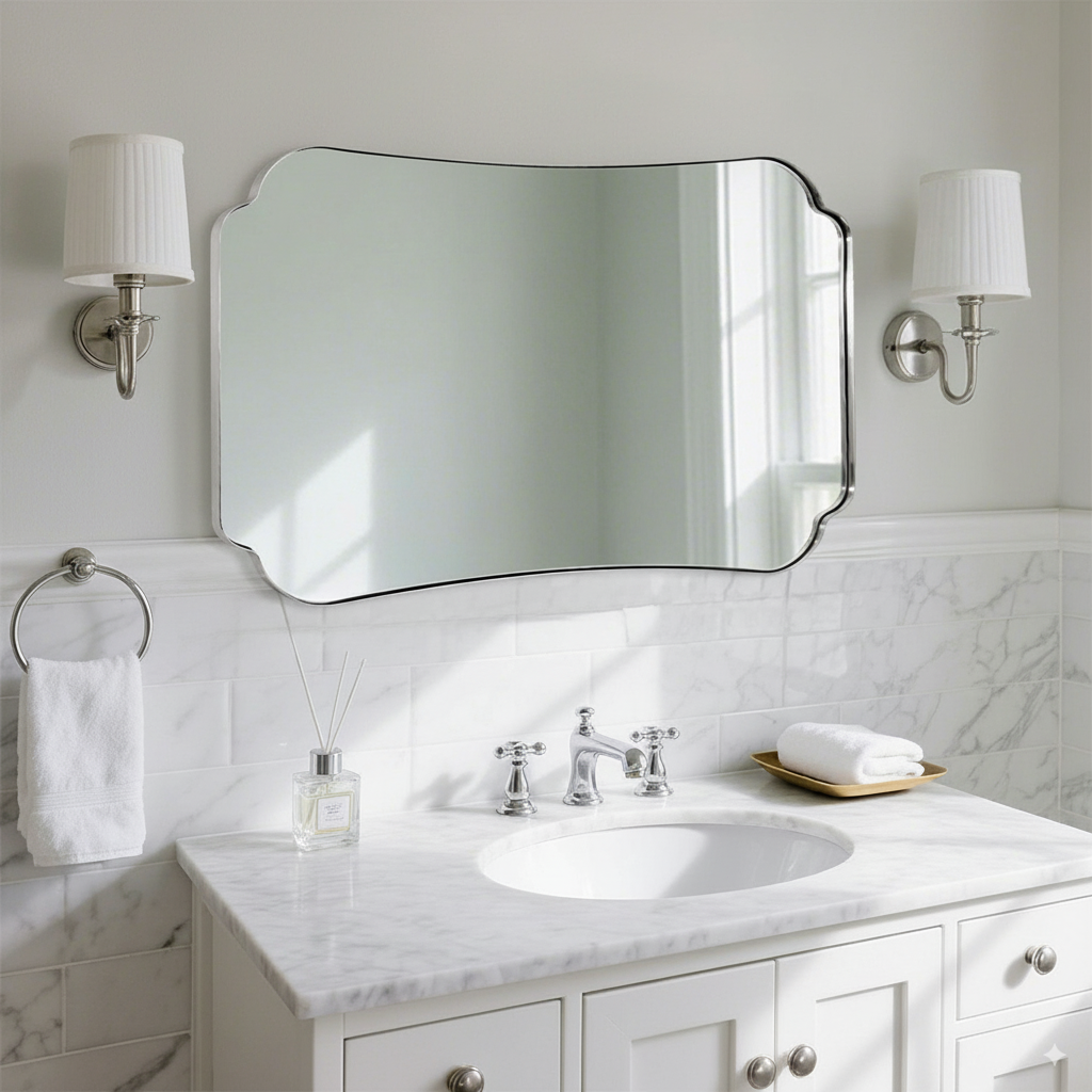 Contemporary Concave Edge Scalloped Bathroom Mirror Decorative | Stainless Steel Frame