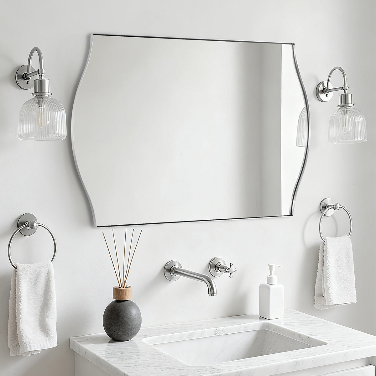 Dual Curve Arch Rectangular Scalloped Bathroom Wall Mirror |Stainless Steel Framed