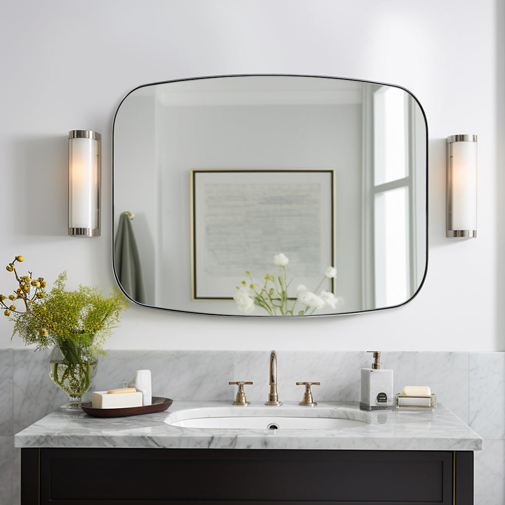 Modern Oblong Bathroom Mirror Long Oval Mirror | Stainless Steel Frame