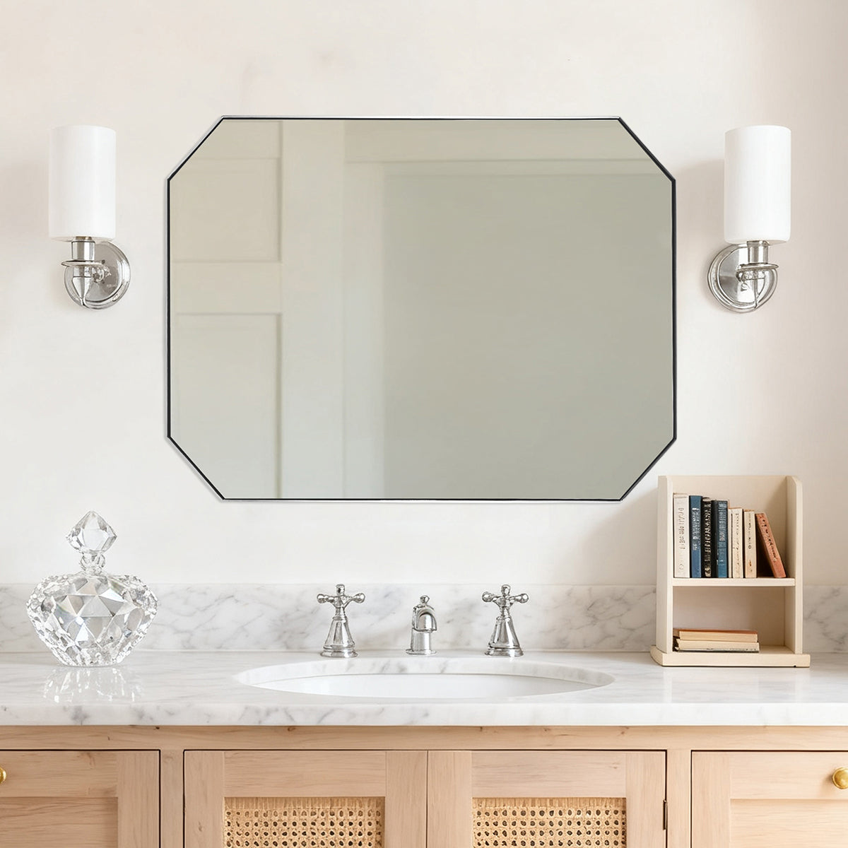 Contemporary Cut Corner Octagonal Scalloped Rectangle Mirror for Bathroom |Stainless Steel Frame